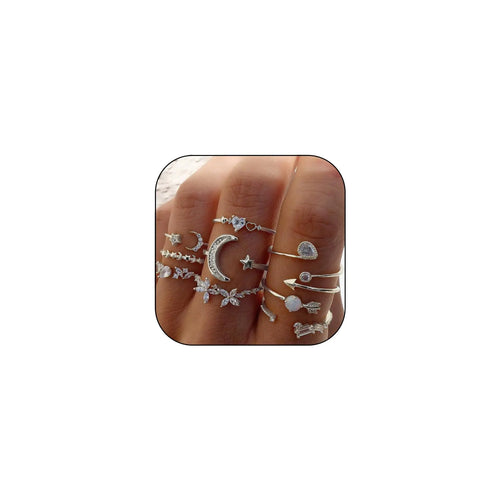 CSIYSNJRY99 Dainty Silver Rings for Women Boho Stackable Star Moon Flower Silver Rings Set for Teens Vintage Crystal Knuckle Stacking Rings